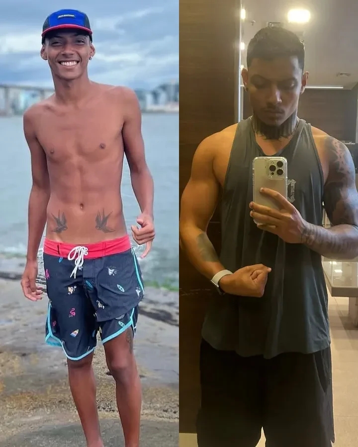 Aluno antes, na praia, e depois, na academia
